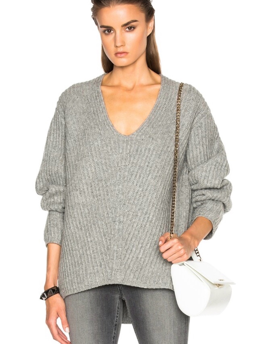 Acne Studios Deborah V-Neck Ribbed Sweater - Light Grey Size XXS